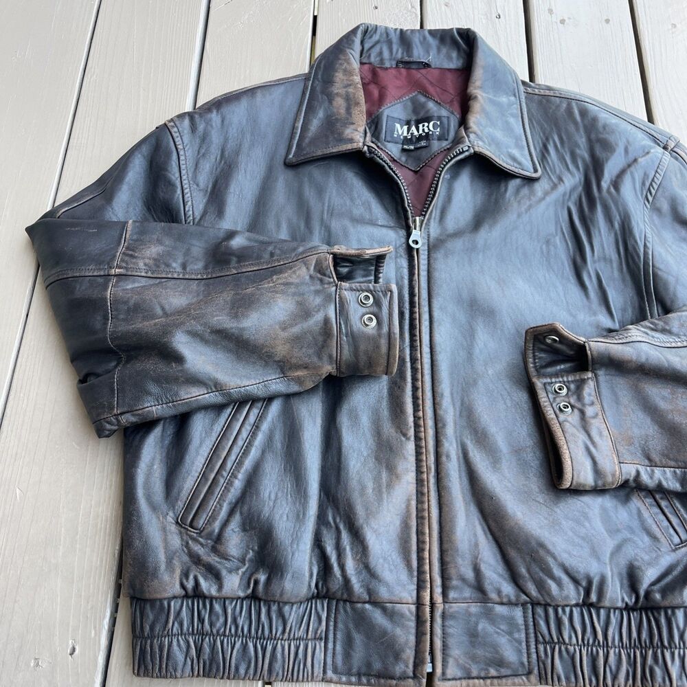 MARC New York Andrew Marc Vintage 1980's Bomber Leather Jacket Brown Size XL - Picture 2 of 10